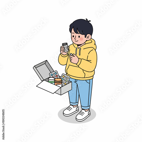 Young boy carefully examining medication, holding a pill bottle and various health supplements in a medical kit