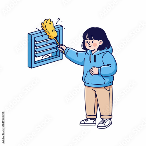 Young woman cleaning dusty vent with duster, illustration of home hygiene and tidiness