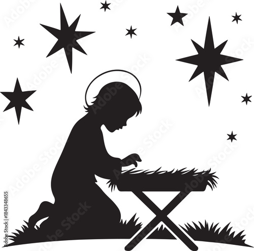 Clean black silhouette of baby Jesus surrounded by gentle star shapes minimal Christmas religious design isolated on white background