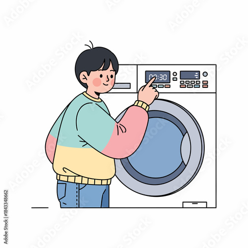 A young person meticulously preparing and setting the washing machine for clean clothes, managing daily laundry tasks