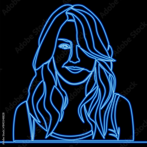 Smiling woman with long hair portrait icon neon glow vector illustration concept