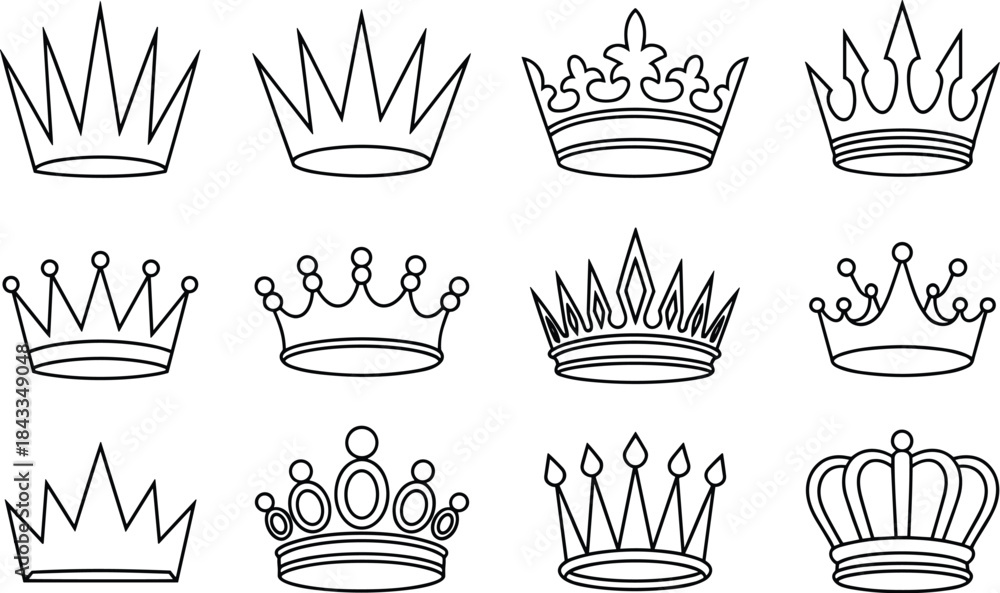 Naklejka premium Outline Crown Icons Set, Hand Drawn Royal Crowns Vector Collection