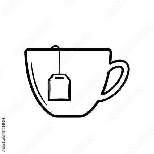 Minimalist black outline vector icon of a cup with a tea bag inside, symbolizing warm beverage, and tea time. Isolated on a transparent background