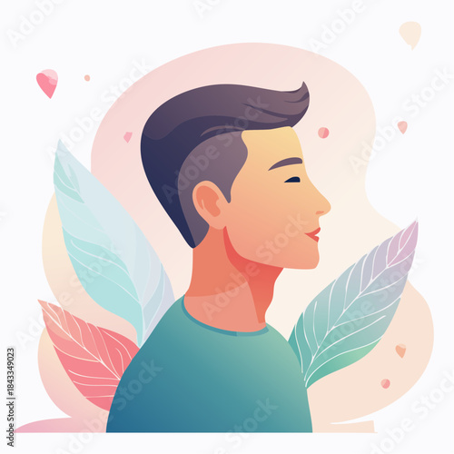 Serene Contemplation: An illustration of a calm person with closed eyes, surrounded by gentle foliage and delicate heart accents, exuding a sense of peace and tranquility.
