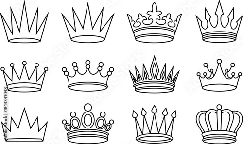 Outline Crown Icons Set, Hand Drawn Royal Crowns Vector Collection