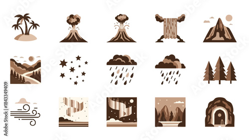 Monochromatic Nature Icons Set Flat Design Vector Illustrations of Landscapes Weather Natural Disasters Celestial Phenomena