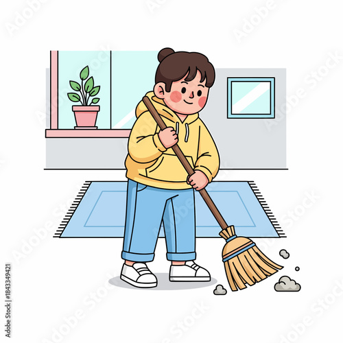 Young girl sweeping the floor with a broom indoors in a room with a window and a rug