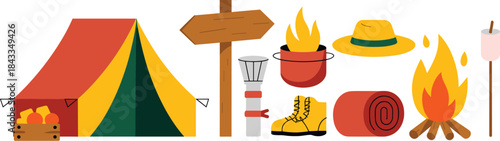 A clean and simple flat design vector set of essential autumn camping elements, including a tent, bonfire, directional sign, boot, and rolled sleeping mat, for modern travel icons.