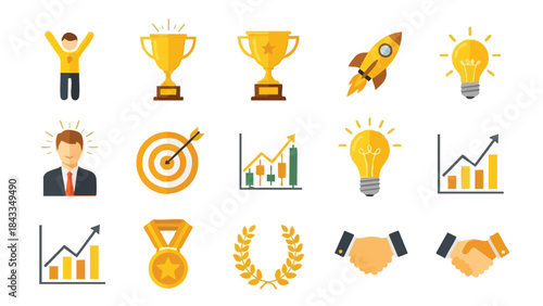 Business Success and Achievement Flat Vector Icons Set Growth Idea Partnership Goals Awards Innovation Strategy Victory Elements
