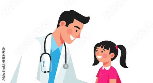 Smiling Doctor Examining a Young Girl Patient with Stethoscope.