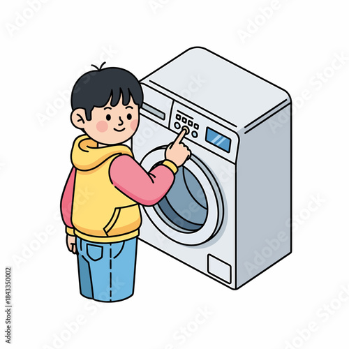 Cheerful child learning to operate a modern automatic washing machine, performing household laundry chores