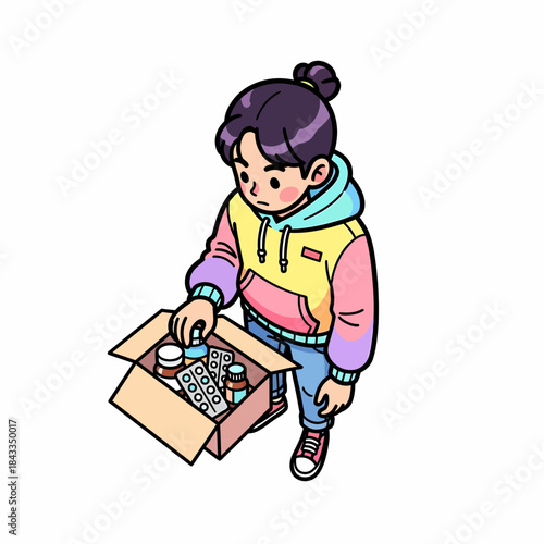 Young adult thoughtfully inspecting and arranging various medications in an open box, representing pharmaceutical care and distribution