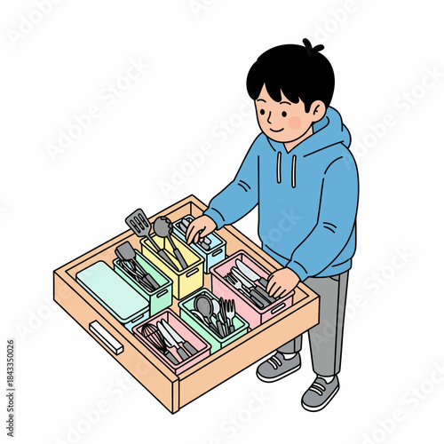 Young boy diligently organizing kitchen utensils in a neatly arranged drawer, promoting home tidiness and daily chores with a smile