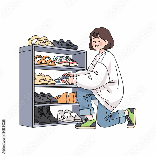A cheerful young woman efficiently organizes her shoe collection on a rack, enhancing home tidiness