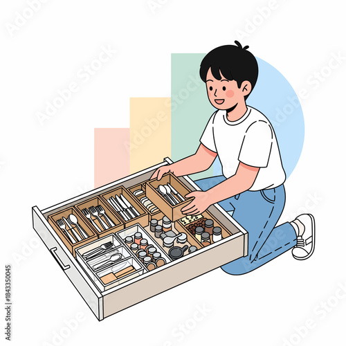 Organized kitchen drawer with a young boy tidying up cutlery and utensils, showcasing neat storage solutions