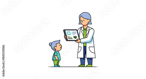 Female Doctor Consulting Child Patient with Digital Tablet Illustration.