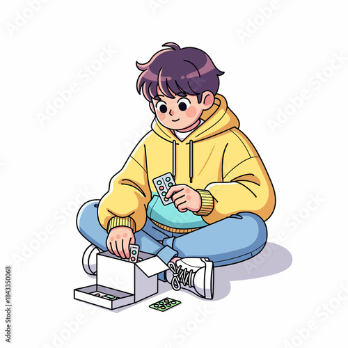 Cartoon character sitting on the floor taking medicine from a box