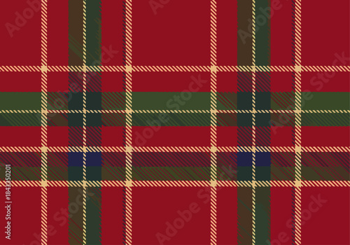 Seamless red and green tartan plaid pattern featuring a checkered geometric design on vintage fabric texture for fashion textiles and festive tablecloth wallpaper backdrops