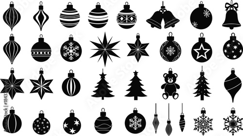 Extensive Vector Collection of Black Christmas Ornament Silhouettes Featuring Baubles, Bells, Stars, Snowflakes, Christmas Trees, and Teddy Bears, Perfect Holiday Design Elements Set