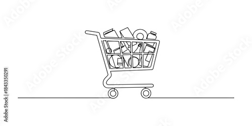 Continuous one line of a full shopping cart, money and materialism design, hand drawn vector illustration.