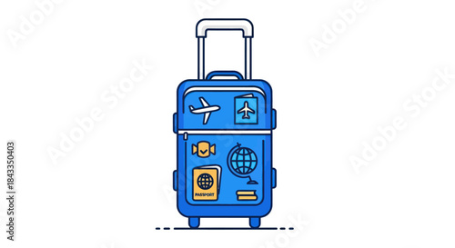 Blue Rolling Suitcase with Travel Icons and Passport Pocket.
