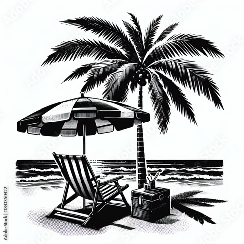 Seaside Serenity: A black and white depiction of a serene beach scene, featuring a palm tree, beach umbrella, and a lounge chair, promising a moment of rest.