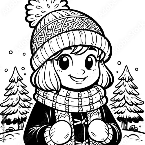 Winter Child's Cheerful Illustration: A cute illustration of a child bundled up for winter, complete with a knit hat, scarf, and a joyful expression amidst snowy scenery.