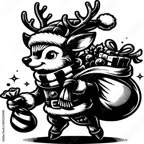 Christmas Deer with Presents: A cheerful reindeer, adorned in festive attire, cheerfully carries a sack full of Christmas gifts. This enchanting illustration is perfect for spreading holiday cheer.