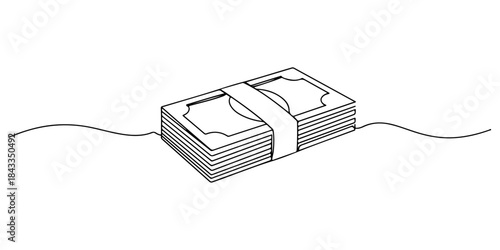 Continuous one line of a stack of banknotes, money and materialism design, hand drawn vector illustration.