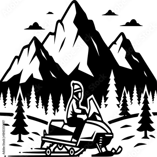 Snowmobile Adventure in the Mountains: A dynamic monochrome illustration captures a solo snowmobiler navigating snow-covered terrain, set against the backdrop of majestic peaks and frosted evergreens.
