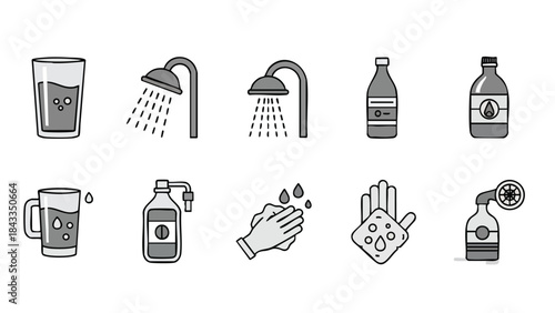 Water and Hygiene Icons Set Hydration Sanitation Cleaning Liquid Consumption Doodle Vectors