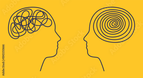Psychologist session concept with continuous line forming knotted head silhouette. Illustration symbolizes untangling complex thoughts, ADHD support, and transforming disorder into clarity.