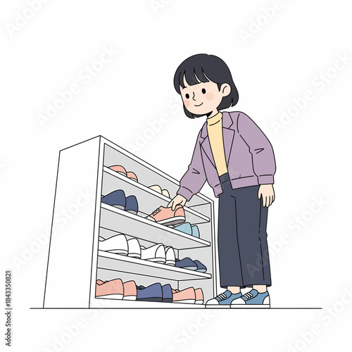 Cheerful Woman Organizes Footwear on a Modern Shoe Rack, Illustrating Home Tidiness and Efficient Storage