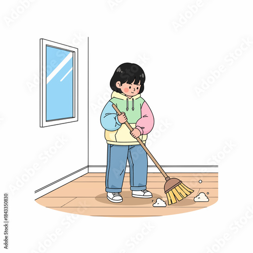 Cute child diligently sweeping the floor with a broom in a bright room