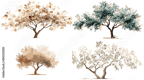 Elegant tree illustration set with watercolor textures and natural foliage shapes, perfect for nature themed designs, landscape decor, botanical artwork, and eco friendly branding.