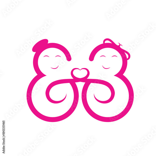 Cute Pink Couple Logo Of Two Smiling Figures Connecting With Heart Bond
