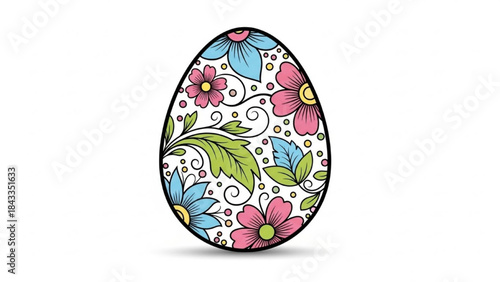 Easter Egg with Colorful Floral Pattern on White Background
