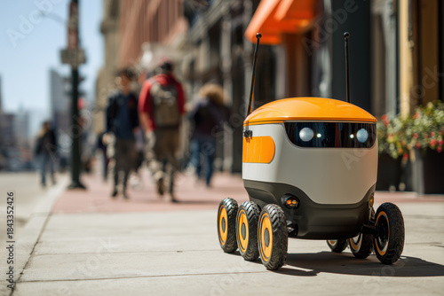 Fototapeta Naklejka Na Ścianę i Meble -  small autonomous delivery robot driving on a city sidewalk in a busy urban area