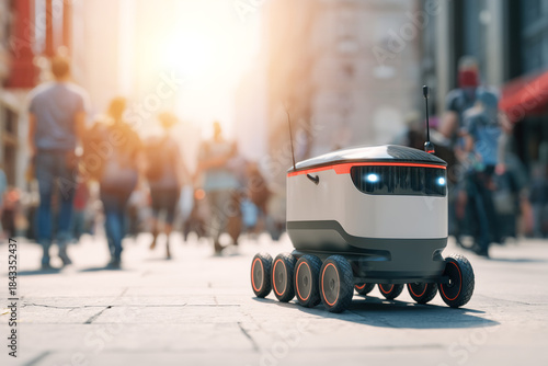 Fototapeta Naklejka Na Ścianę i Meble -  small autonomous delivery robot driving on a city sidewalk in a busy urban area