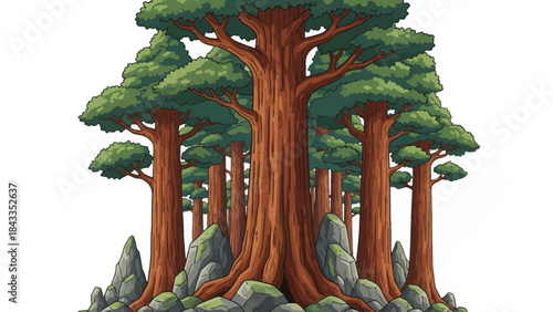 redwood forest filled with massive ancient trees, vertical scale, deep shadows, and a majestic natural environment emphasizing age and natural strength, white isolated sky