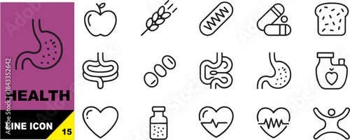 Minimal line health and medical icons set, wellness symbols outline vector illustration