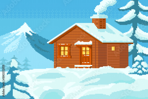 Cozy winter cabin home pixel art with snowfall and pine on mountain and sky background.