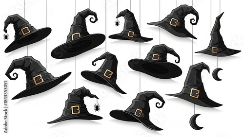 Black Witch Hats Hanging with Gold Buckles on Strings for Halloween
