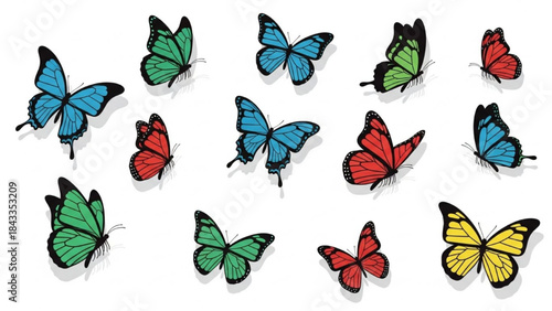 Colorful Butterflies Flying on White Background