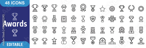 Awards icon set. containing badge, trophy, certificate, and more. Outline Icon Collection. Vector illustration