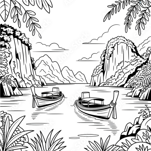 Scenic River Canyon Boats Coloring Page – Peaceful Nature Landscape Line Art Illustration