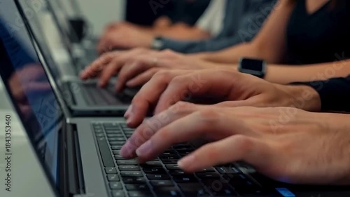 Close up of freelancer's developer hands typing program code on laptop keyboard in coworking. Copywriter writing text on computer keyboard. Female Hands Typing on Laptop Keyboard Close Up