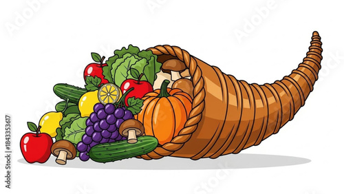 Abundant Cornucopia Filled with Fresh Fruits and Vegetables on White Background