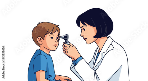 Pediatrician Examining Young Boys Eye with Otoscope.