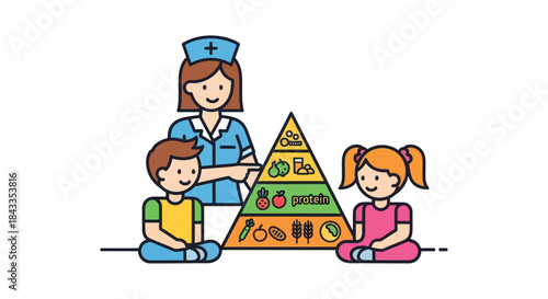 Nurse teaching children about healthy food pyramid.
